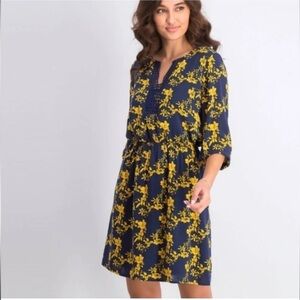 Market & Spruce Navy Mustard Floral Prim Crochet Trim Dress Elastic Waist Medium